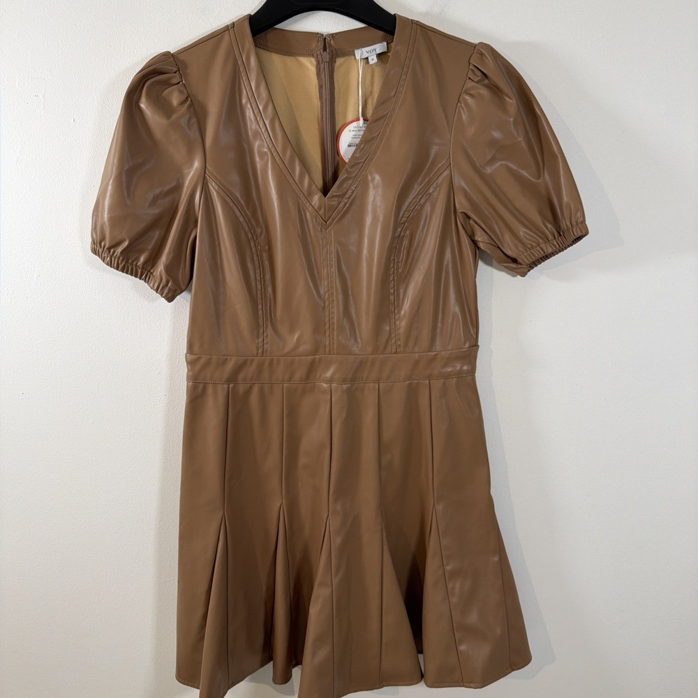 Voy Brown Taupe Faux Leather Flounce Flared Mini Dress Puff Sleeves Medium NWT